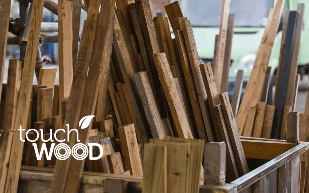 Image shows reclaimed wood arranged in boxes in the Touch Wood yard